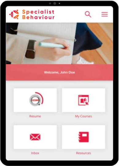 The homepage of the Specialist Behaviour website displayed on an iPad.